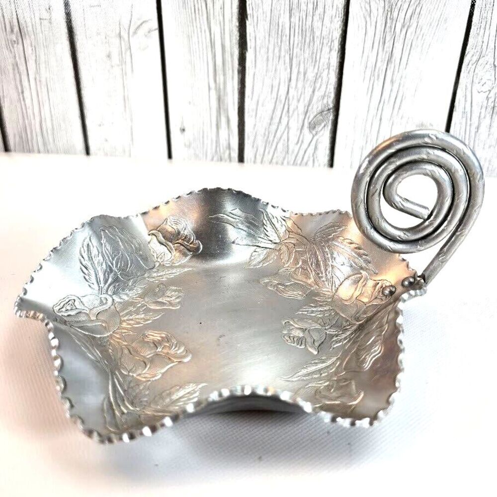 Vintage Farber Shlevin Hammered Aluminum Tray Scroll Rose Mid Century Decor